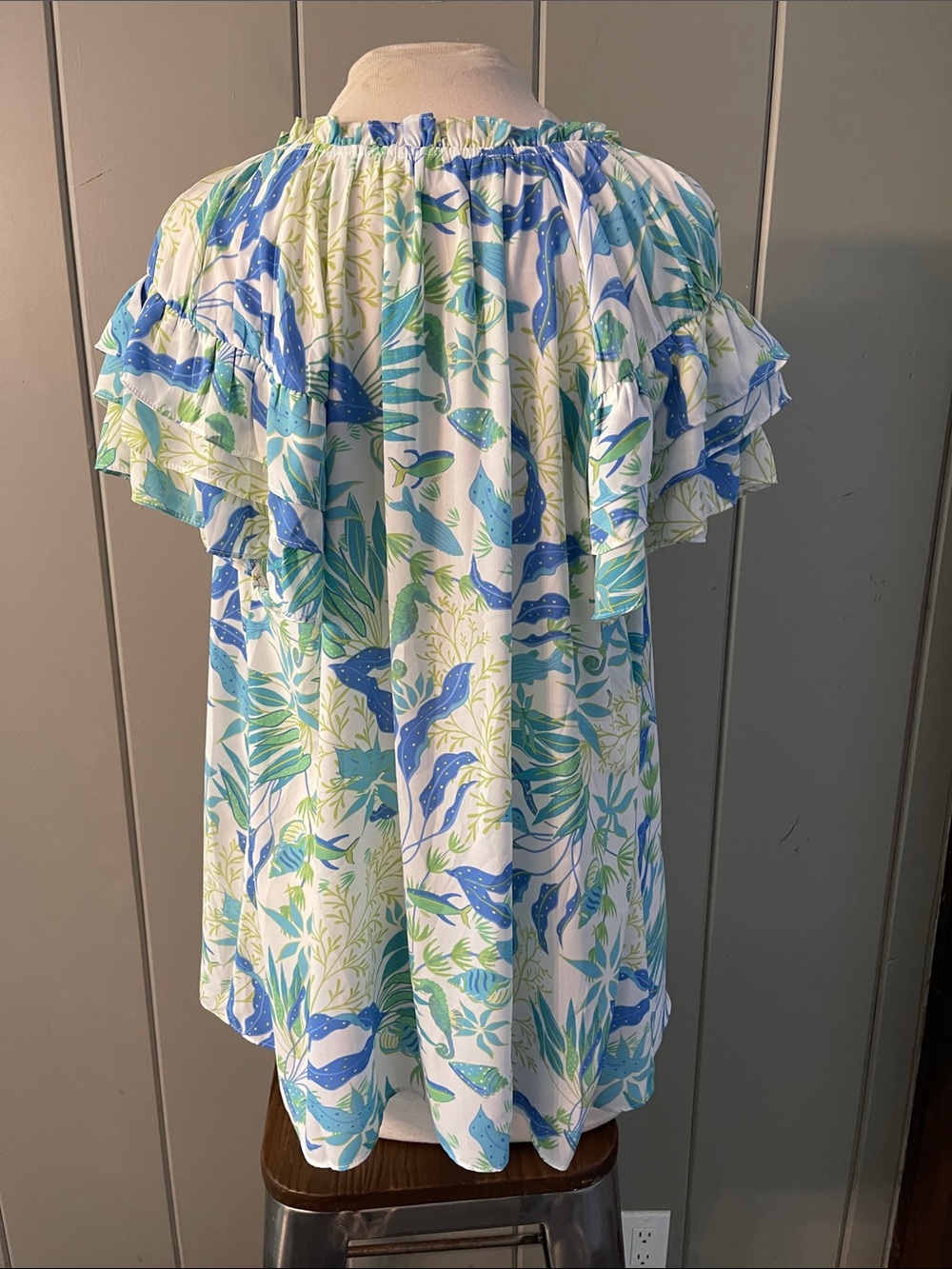 Rose Olive Blouse Top Blue Green White Whimsical Sea Horse Whales Coastal Floral - Picture 2 of 9